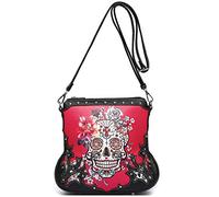 Sugar Skull Day of the Dead Cross Bone Rock Metallic Purse Skeleton Leather Purse Women Crossbody Handbag Shoulder Bag, Fuchsia #2, L, Women's Western Style Handbags With Wallet Set