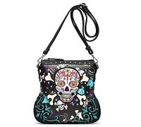 Sugar Skull Day of the Dead Cross Bone Rock Metallic Purse Skeleton Leather Purse Women Crossbody Handbag Shoulder Bag, Black, L