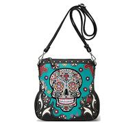 Sugar Skull Day of the Dead Cross Bone Rock Metallic Purse Skeleton Leather Purse Women Crossbody Handbag Shoulder Bag, Turquoise, L, Women's Western Style Handbags With Wallet Set