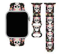 Sugar Skull Day of the Dead Watch Band Compatible With Apple Watch 42mm 44mm 45mm 49mm, Pink Skeleton IWatch Band Silicone Straps Replacement For Wristbands Series 11 10 9 8 SE Ultra Adults Women Men