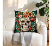 Sugar Skull Decorative Throw Pillow Covers, Day of the Dead Decorations Gothic Pillow Covers Floral Daisy Skeleton Pillowcase for Sofa Couch Living Room Home Decor Bed Patio