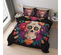 Sugar Skull Double Duvet Cover Set, Day of the Dead Bedding Set 200x200cm, Microfiber Soft Reversible Quilt Cover + 2 Pillowcase, Zipper Closure, Bedroom Decor PZ&S-10