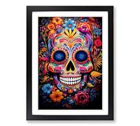 Sugar Skull Expressionism Framed Print | A2 Black Framed Wall Art | Ready to Hang | Eclectic Skull Picture | Living Room Bedroom Lounge Office