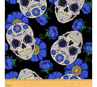 Sugar Skull Fabric by The Yard Retro Blue Flowers Skull Upholstery Fabric for Chairs Mexican Skeleton Day of The Dead Decorative Fabric for Upholstery and Home DIY Projects 1 Yard,(L92*W150cm)
