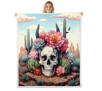 Sugar Skull Flannel Fleece Throw Blanket 60"x80" Blooming Flowers Cactus Fuzzy Blanket for Sofa Couch Desert Plant Skull All Season Bed Blankets Plush Blankets,Brown Pink Green