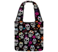 Sugar Skull Floral Reversible Canvas Shoulder Tote - Double-Sided Print, 12oz Cotton, 27cm Drop, Fold-Flat Bag for Travel, Shopping, Street Outings