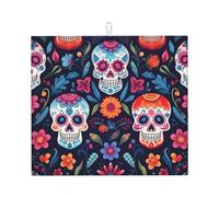 Sugar Skull Flower Dish Drying Mat Absorbent Draining Board Pad for Kitchen Counter Day of The Dead Skull Coffee Mat Dishes Drainer Protector with Hanging Loop 16 x 18 Inch