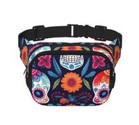 Sugar Skull Flower Double Layer Waist Bag Pack Day of The Dead Skull Bum Bag Fanny Pack for Men Women, Adjustable Belt Bag for Travel Hiking Running Cycling Festival