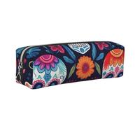 Sugar Skull Flower Pencil Case for Boys Girls Day of The Dead Skull Leather Pen Pouch Holder for School Office Travel Portable Stationery Organizer Makeup Bag Silver Zip