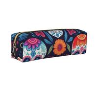 Sugar Skull Flower Pencil Case for Boys Girls Day of The Dead Skull Leather Pen Pouch Holder for School Office Travel Portable Stationery Organizer Makeup Bag Gold Zip