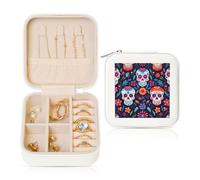 Sugar Skull Flower Small Jewellery Box Day Of The Dead Skull PU Leather Travel Jewellery Organizer for Women Girls Storage Case for Rings Earrings Necklaces Bracelets