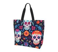 Sugar Skull Flower Tote Bag Women's Shoulder Handbags Day Of The Dead Skull Shopping Bags Water-Resistant Large Handbag with Inner Pocket for Work Travel School