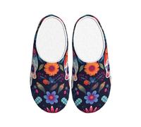 Sugar Skull Flower Women's Slippers Flannel House Slippers for Men Day Of The Dead Skull Non-Slip Warm Winter Shoes for Indoor Outdoor UK 6-7