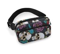 Sugar Skull Flowers Fanny Pack Waterproof External Pocket Portable Waist Pack Outdoor Adjustable Strap Lightweight Waist Bag for Workout Traveling Casual Running Hiking Cycling