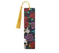 Sugar Skull Flowers Wood Bookmark for Men Women Reading Wooden Bookmarks Unique Handmade Book Marks with Tassel Pendant Craft Bookmark for Book Lovers Birthday Teachers Gift