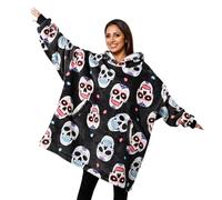 Sugar Skull Gifts for Women, Day of the Dead Gifts, Wearable Blanket Hoodies for Adults, Oversized Flannel Hooded Blanket, Gifts for Birthday, Christmas, and so on, One Size Fits All, Black, F