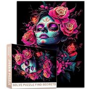 Sugar Skull Girl Art Puzzle 1000 Pieces Cartoon Style Roses Flowers Black Background 27x20 Inches Colorful DIY Puzzles for Home Decoration Gifts Family Puzzle Perfect for Game Nights