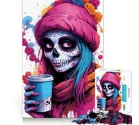Sugar Skull Girl with Coffee 1000 Piece Jigsaw Puzzles for Adults Jigsaw Think Toy Calm Relax Clean Cut Wall Art Decor 50x75cm