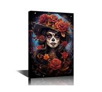Sugar Skull Girl with Flowers Painting Artwork Decor Mexican Day of the Dead Pictures for Living Room Wall Decoration Woman Wear a Hat with Flowers Canvas Printing Wall Art Bedroom 12"Wx18"Hx1 Panel