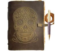 Sugar Skull Handmade Leather Bound Journal with Tree-Free Deckle Edge Paper - Perfect for Writing, A5 Day of the Dead Shadows Antique Journal, Grimoire 8” x 6” Vintage Leather Sketchbook