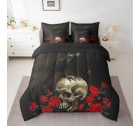 Sugar Skull King 7 Pcs Bed in a Bag for Boys Girls Kids Halloween Themed Bedding Set Gothic Style Bed Sets with Sheet Set Black Crow Red Rose Floral Print Comforter Halloween Decorations Quilt