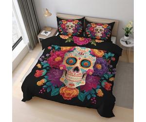 Sugar Skull King Size Duvet Cover Set, Day of the Dead Bedding Set 220x230cm, Microfiber Soft Reversible Quilt Cover + 2 Pillowcase, Zipper Closure, Bedroom Decor PZ&S-10