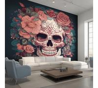 Sugar Skull Photo Wallpaper, Gothic Floral Skull Wallpaper Mural, 250x175cm Wall Paper for Bedroom Living Room, Non-Woven Wall Mural Room Decor EL&D71