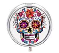 Sugar Skull Pill Box,3 Compartments Round Small Pills Case Moisture-Proof Portable Pill Container for Travel Vitamins Fish Oil Supplements