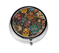 Sugar Skull Print This Small, Round, Three-Compartment Travel Pill Box is Perfect for Storing Daily medications, Vitamins, and on-The-go.