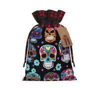 Sugar Skull Printing Color Matching Plaid Christmas Bag With Drawstring For Christmas Birthdays Party,4.7x6.9 Inch