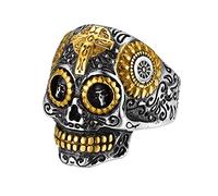 Sugar Skull Rings for Men Women, Stainless Steel Two Tone Mens Biker Ring Halloween Jewelry Day of the Dead Memory Jewelry For Death, Gift Box Included, 8 UK, Gold Plated, No Gemstone