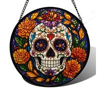 Sugar Skull Stained Glass Window Hanging Sun Catcher, Floral Day of the Dead Round Window Panel, Stained Glass kit Style Decor for Indoor Window Home Display