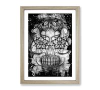 Sugar Skull Tattoo No.3 Modern Cb Framed Print | A4 Oak Framed Wall Art | Ready to Hang | Modern Skull Picture | Living Room Bedroom Lounge Office