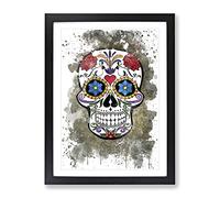 Sugar Skull Tattoo No.6 V3 Modern Framed Print | A3 Black Framed Wall Art | Ready to Hang | Modern Skull Picture | Living Room Bedroom Lounge Office