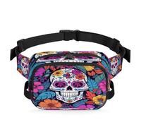 Sugar Skull Tropical Leaves Fanny Pack for Women Men, Waterproof Waist Bag with Adjustable Strap Dual Zippers, Lightweight Crossbody Chest Bag for Running Hiking Sports