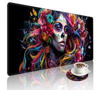 Sugar Skull Woman Large Gaming Mouse Pad with Coaster, Durable Stitched Edges Protection Design, Cute Large Desk Mat for Desktop, 31.5x11.8 inch XXL Extended Computer Mat for Gaming and Office