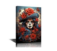 Sugar Skull Woman Makeup Prints on Canvas Wall Art Living Room Skull Woman with Flowers Picture Framed Wall Decor Art Bedroom Mexican Day of the Dead Posters Artwork 24" Wx36 Hx1 Panel