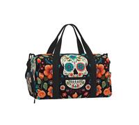 Sugar Skulls and Flowers Gym Duffle Bag with Shoe Compartment Travel Weekender Overnight Bag Waterproof Sports Gym Bag with Shoulder Strap