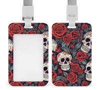 Sugar Skulls and Red Roses Badge Holder Vertical Id Card Holder with Lanyard Heavy Duty Name Tag Holders Waterproof Work Badge Holder for Office Cruise Teacher Cute Badge Protector