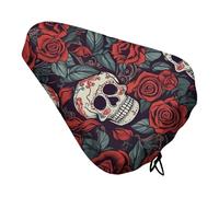 Sugar Skulls and Red Roses Bike Seat Cover Waterproof Oxford Fabric, Universal Adjustable Bicycle Saddle Cover with Drawstring Easy Install Protective Rain Dust Covers for Women Men