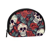 Sugar Skulls and red Roses Coin Purse Personalized Coin Bag for Women Men Change Purse Small Wallets with Zipper Mini Shell Coin Pouch Outdoor Shopping Change Storage Bag Handbags Gifts