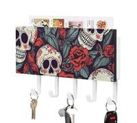 Sugar Skulls and Red Roses Key Holder Wall Mounted, PU Leather Key Hanger with 5 Hooks, Self Adhesive Keys Holder for Entryway, Kitchen, Bathroom Decor