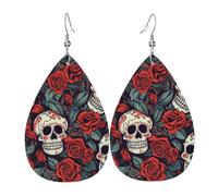 Sugar skulls and red roses Leather Earrings Dangle Drop Earring Lightweight Teardrop Earrings Vintage Bohemian Earring for Women Christmas Birthday Gift Fashion Jewelry