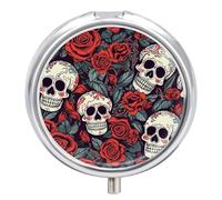 Sugar Skulls and Red Roses Pill Box 3 Compartment Round Small Pill Box for Pocket Purse Metal Travel Pill Case Portable Daily Pill Organizer Cute Compact Medicine Organizer Mini Pill Container