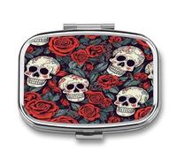 Sugar Skulls and Red Roses Pill Box Pill Organizer Pill Case 2 Compartment Medicine Pill Organizer Small Pill Case Pill Container Pill Holder Cute Pill Box Mini Pill Case