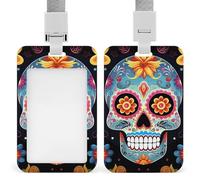 Sugar Skulls Badge Holder Vertical Id Card Holder with Lanyard Heavy Duty Name Tag Holders Waterproof Work Badge Holder for Office Cruise Teacher Cute Badge Protector