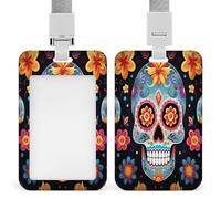 Sugar Skulls Badge Holders with Push-Pull Slot&Lanyard Waterproof Plastic Vertical Work ID Card Holder Portable Travel Document Protector Detachable Card Protector