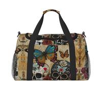 sugar skulls butterfly print Carry on Luggage for Women Men Shoulder Weekender Crossbody Bag for Yoga Travel Must Haves, Black, One Size
