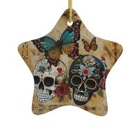 Sugar Skulls Butterfly Print Christmas Tree Ceramic Hanging Star Shaped For Holidays Xmas Tree Decoration Gift
