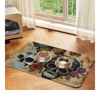 sugar skulls butterfly print PU Leather Feeding Mat for Dogs Cats Pet Food Mat Absorbent Non-Slip Rubber Bottom